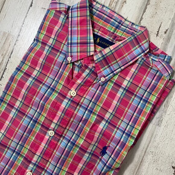 Polo Ralph Lauren Pink Plaid Long Sleeve Button Down Shirt Mens Size Medium‎ - Picture 1 of 6